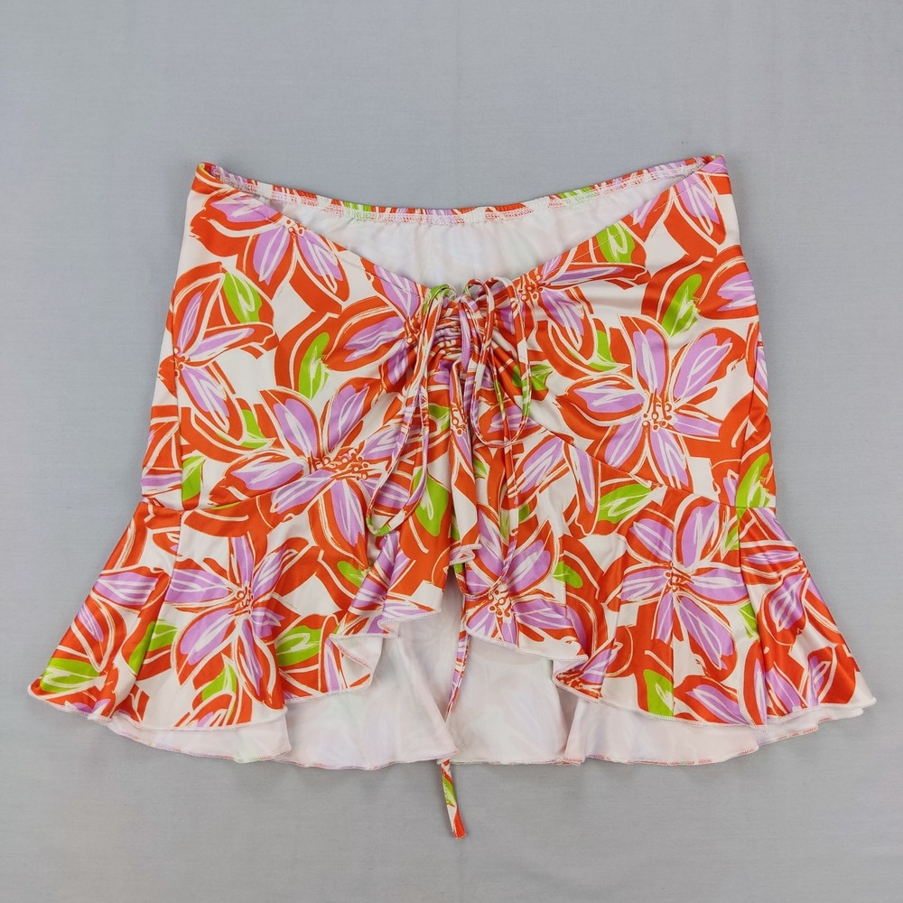 SHEIN Mini Skirt Womens M Orange Floral Ruffle Ruched Drawstring Tropical Summer
